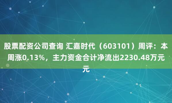 股票配资公司查询 汇嘉时代（603101）周评：本周涨0.13%，主力资金合计净流出2230.48万元